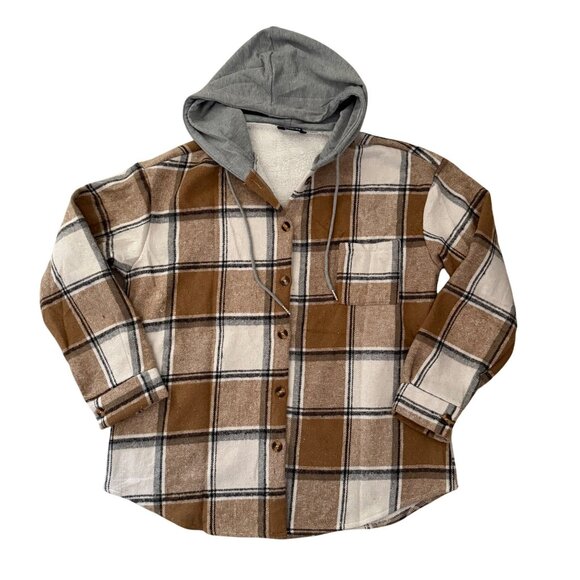 ChicMe Plaid Hooded Jacket Size L Camel Brown Fleece Lined Casual Boho Shacket - Picture 2 of 10